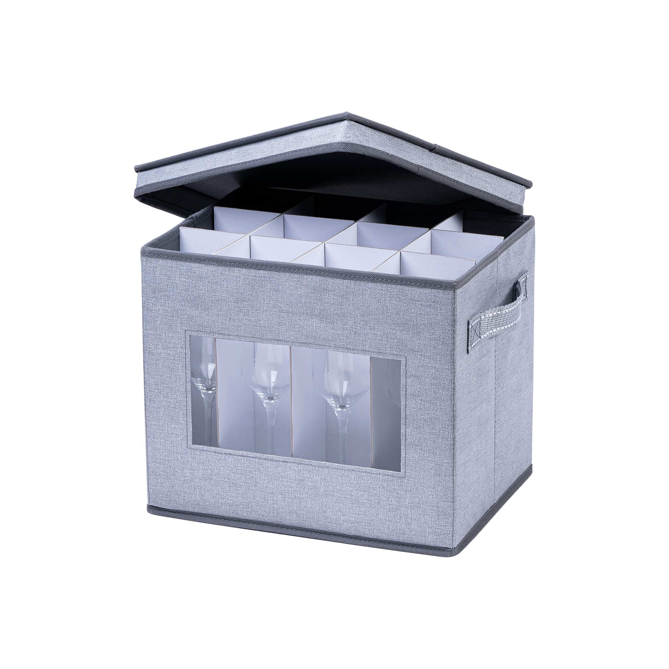 VENO Champagne Flute Glass Storage Box with Lid and Handles, Moving Boxes for Glasses, China Organizer Container, Glassware Holder, Dividers for 12 Glasses