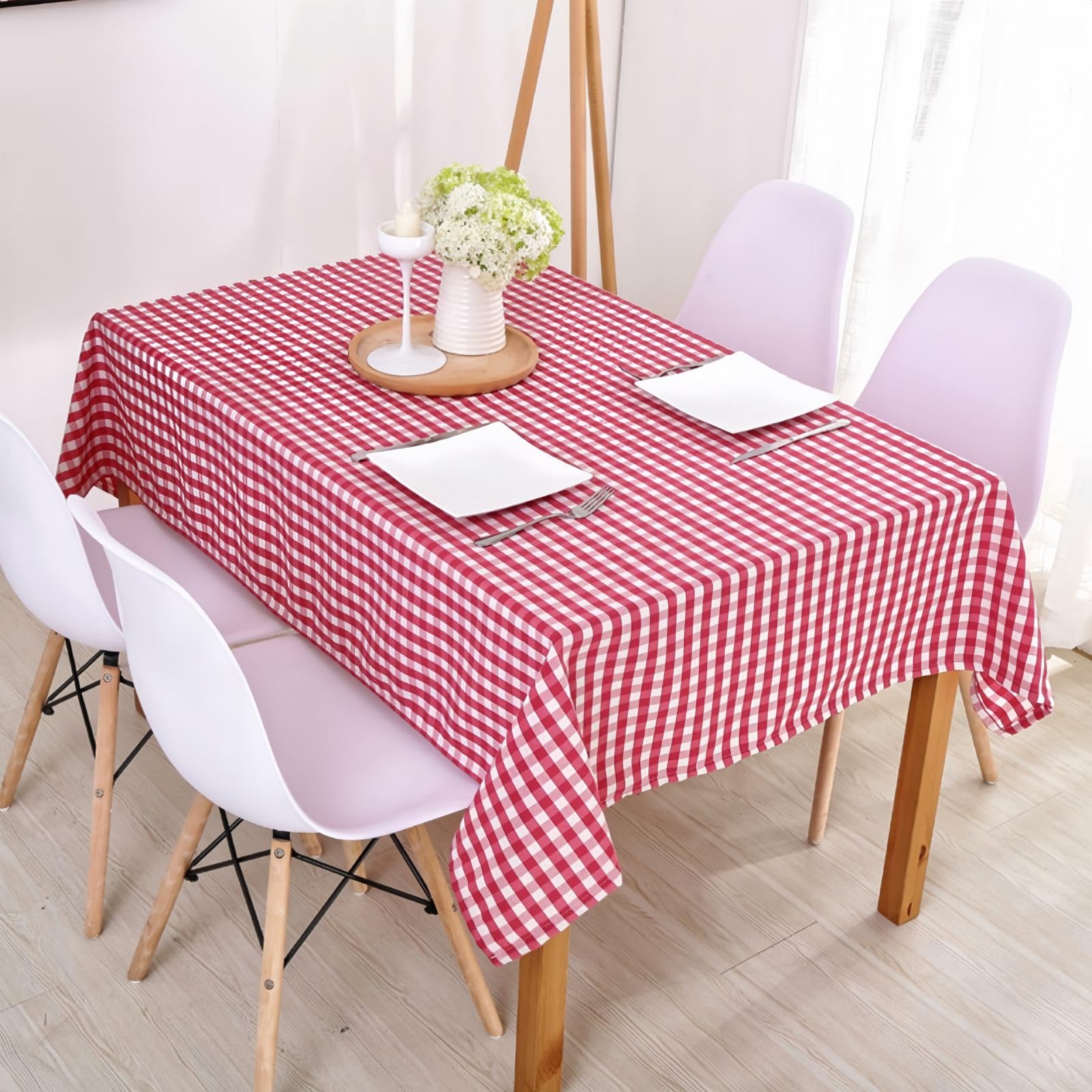 Wonhomke Simple Small Plaid Table cloth Polyester Cotton Tablecloth Square Tablecloth Rectangular Party Banquet Dining Table Cover (Red, 140 * 220CM(55.1 * 86.6in))