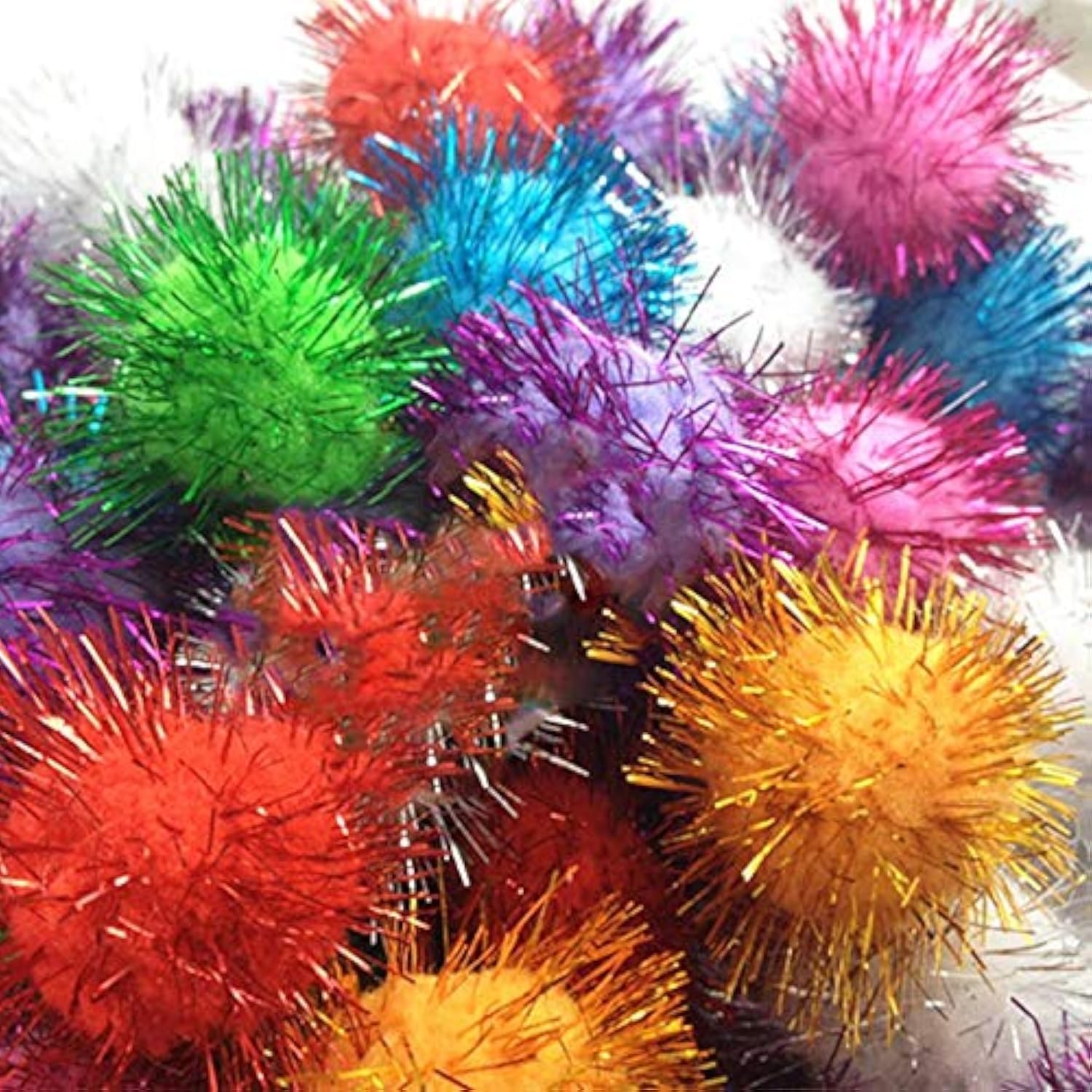 Perlin Plush Pompoms Set of 100 with Silver Glitter, 15mm, Mixed Colors, Material: Stone, for DIY Crafts