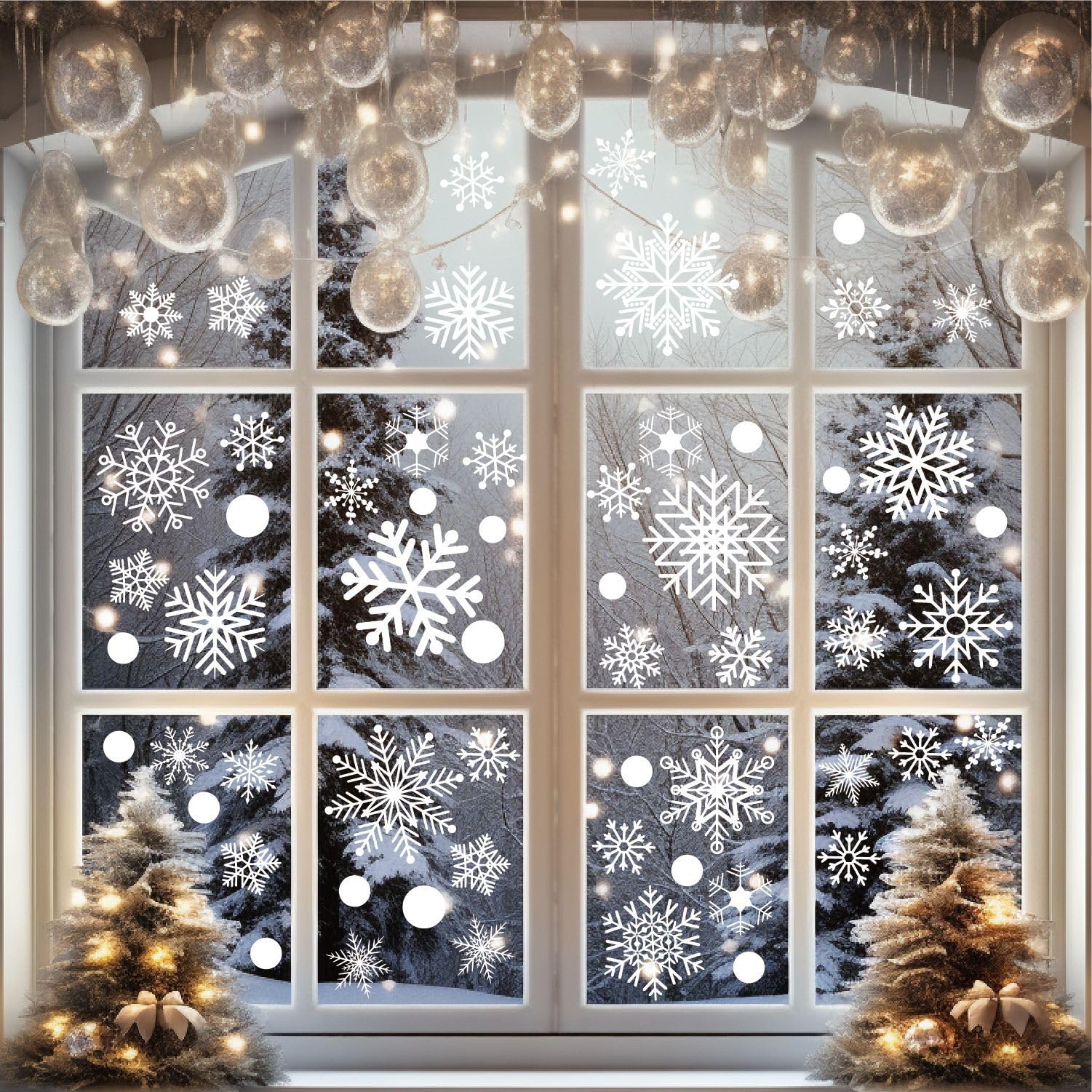 Photo 1 of 155Pcs Christmas Window Clings Snow Decorations Window Decals Winter Snowflake Window Stickers Double Sided Static Silhouette Holiday Party Xmas Decoration for Glass