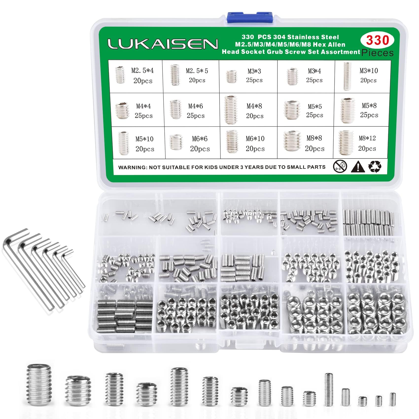 TOP-VIGOR 330Pcs Grub Screw Assortment Set, M2.5/M3/ M4/M5/M6/ M8 Hex Socket Head Set Screws(Cup Point), Threaded Fasteners for Door Handle, Faucet, Light Fixture Home Repairs, Fixtures