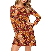 ALIREVERIE Women's Thanksgiving Dress Maple Leaves Turkey Graphic Long Sleeve Thankful Costume with Pockets