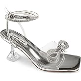 Zzheels Double Bowknots Crystal Sandals Clear Slingback Heels Square Toe Shoes for Party Wedding