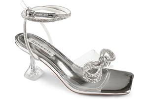 Zzheels Double Bowknots Crystal Sandals Clear Slingback Heels Square Toe Shoes for Party Wedding