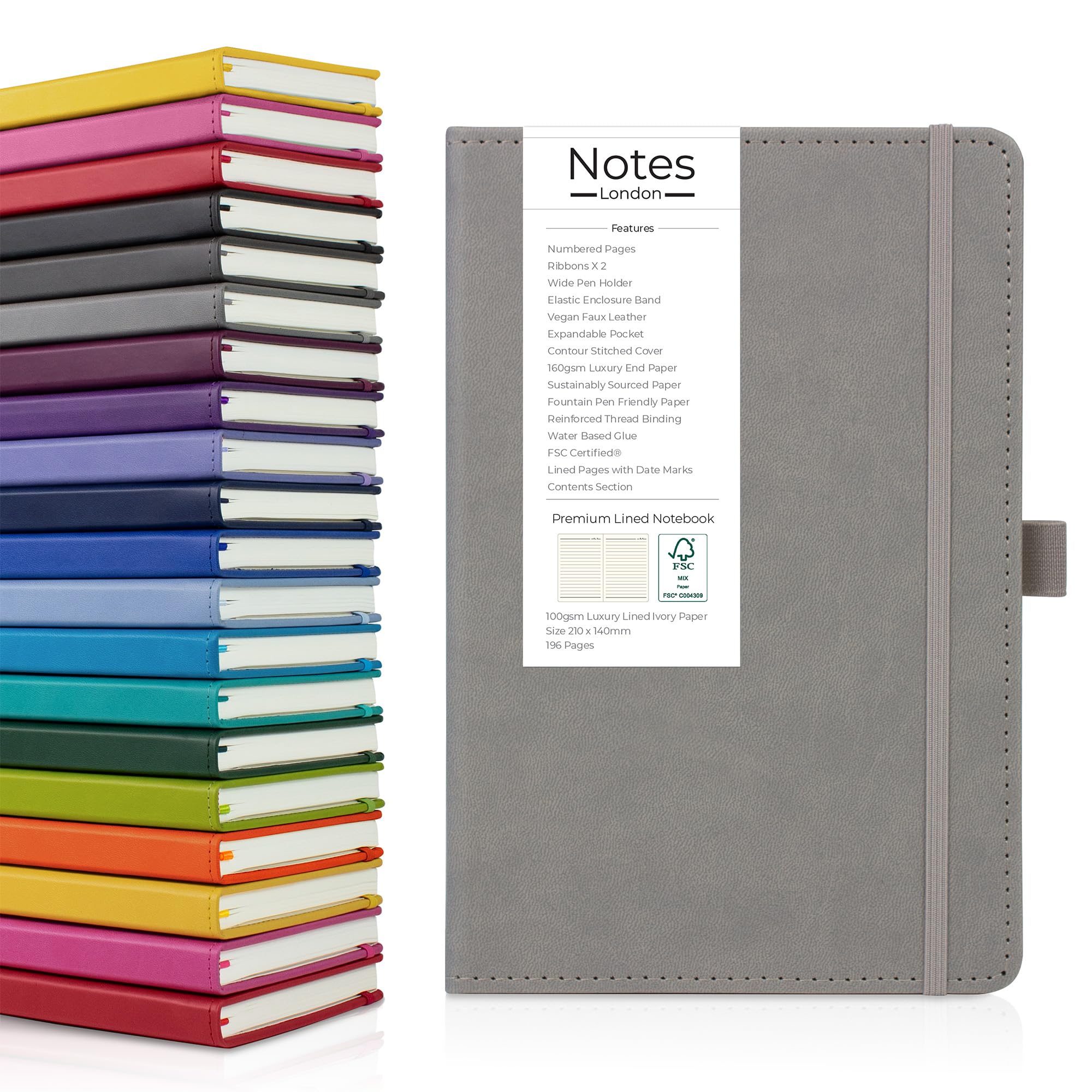 Notes London Luxury Italian Style A5 Notebook with Stitched Hardcover, 100gsm Lined Numbered & Date Marked Pages, 2X Ribbons, Pen Loop, Contents Page, Paper Pocket, Medium Journal (Light Grey)