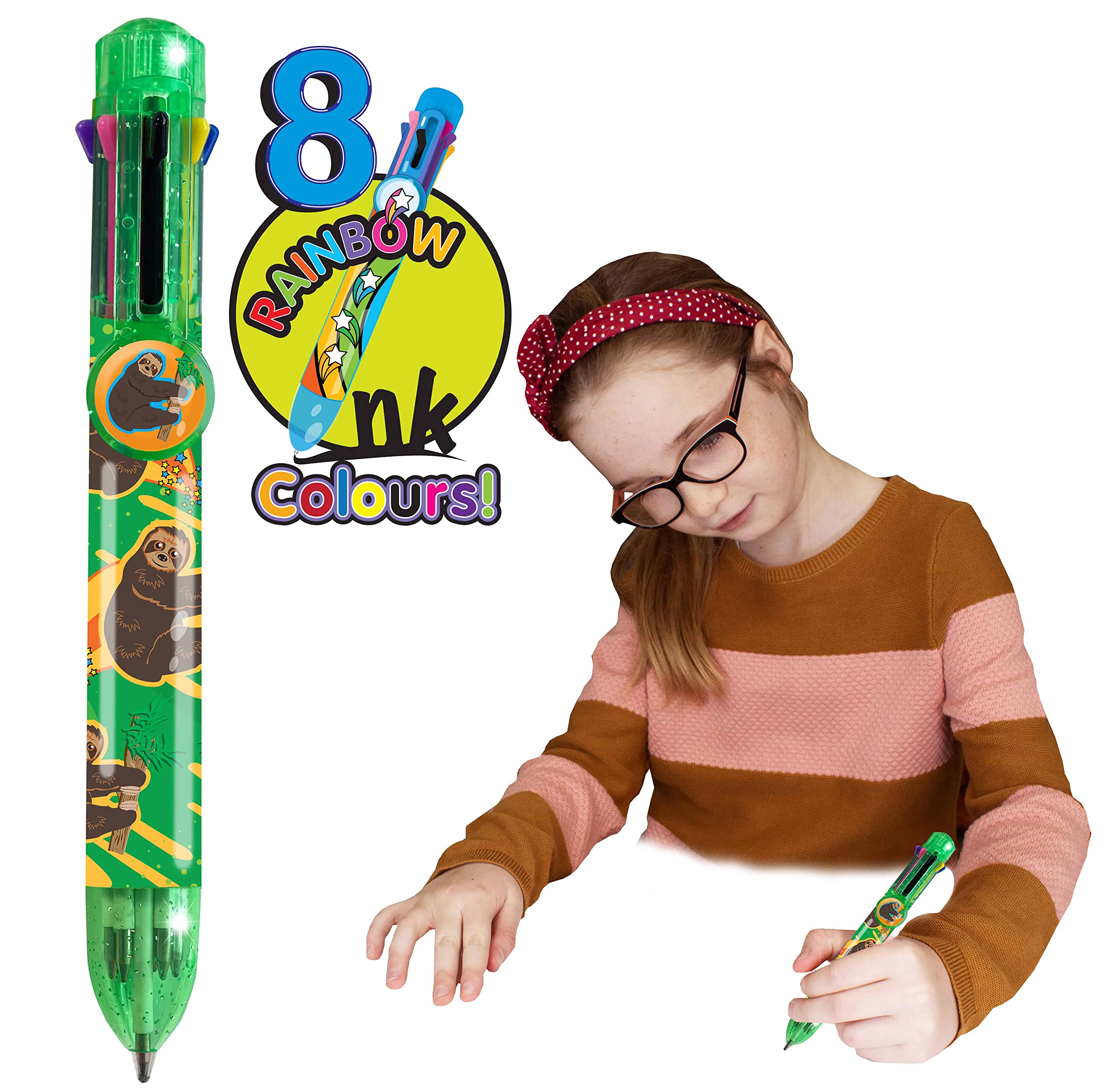 Rainbow Writer - Sloth Pen by Deluxebase. 8-in-1 Multicolour Retractable Ballpoint Pen with a Red Glitter Barrel, Fun Novelty Kids Stationery, School Supplies or Party Bag Filler.