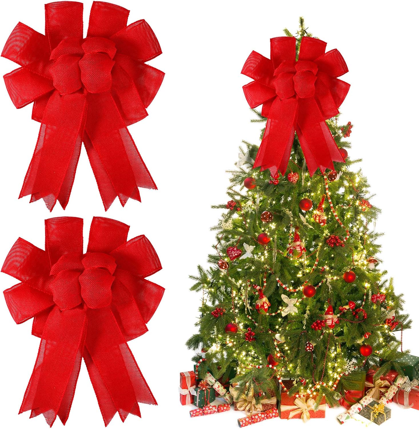 Bows & Ribbons - 2 Pieces Large Burlap Bow Christmas Burlap Bows Burlap Bowknot Handmade Burlap Decorative for Christmas Tree Festival Holiday Party Decoration Supplies (Red)