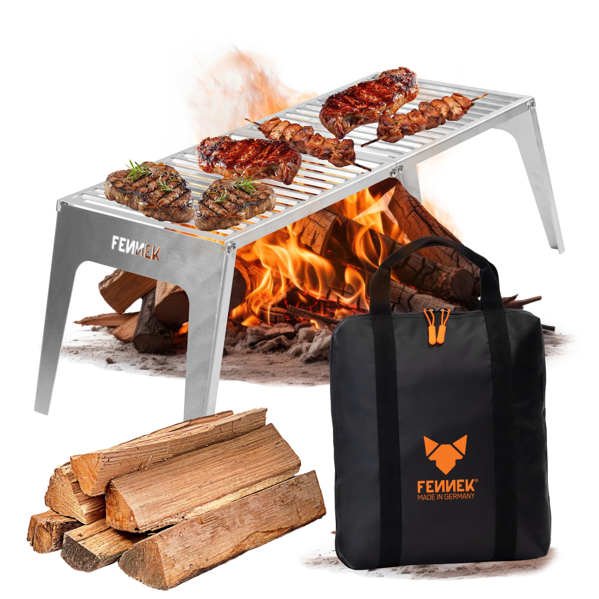 FENNEK Klapprost XL with Bag | Mobile Cooking Grate to Open | Extra Sturdy Design with Large Grill Surface of 56 x 24 cm | Made of Temperature-resistant Stainless Steel | Made in Germany