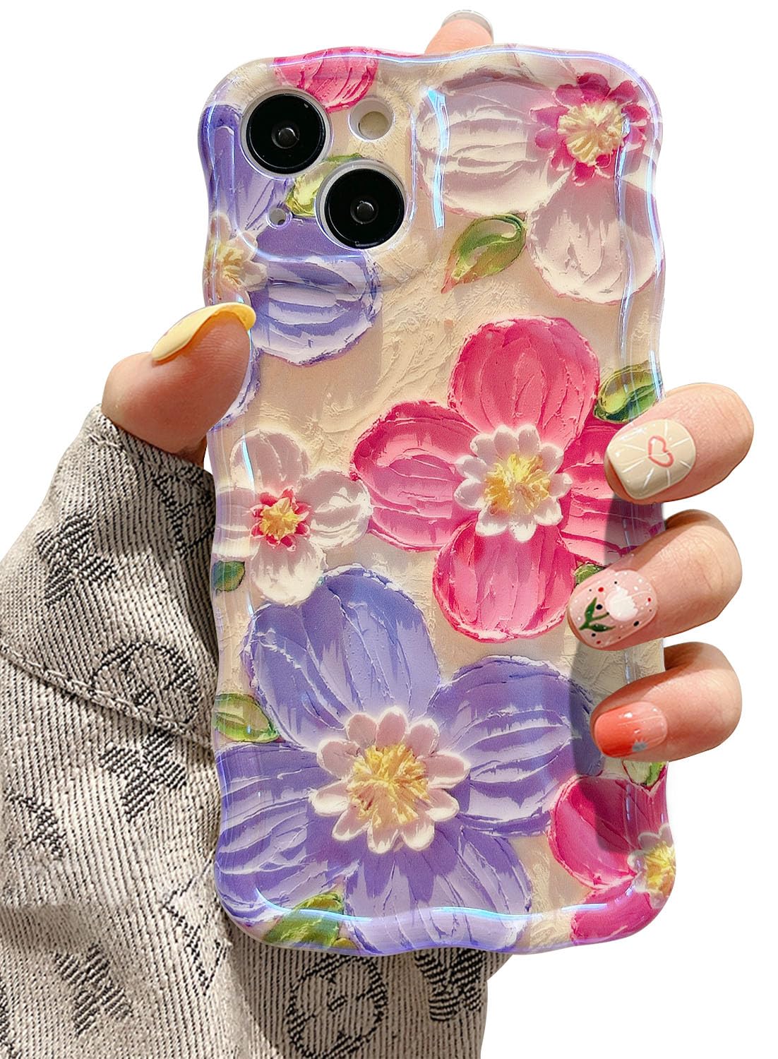 EYZUTAK Case for iPhone 14 Plus/15 Plus, Colorful Retro Oil Painting Flower Laser Glossy Cute Curly Wave Edge Case Stylish Durable Soft TPU Protective Phone Cover for Girl Women - Purple Flower/Yellow