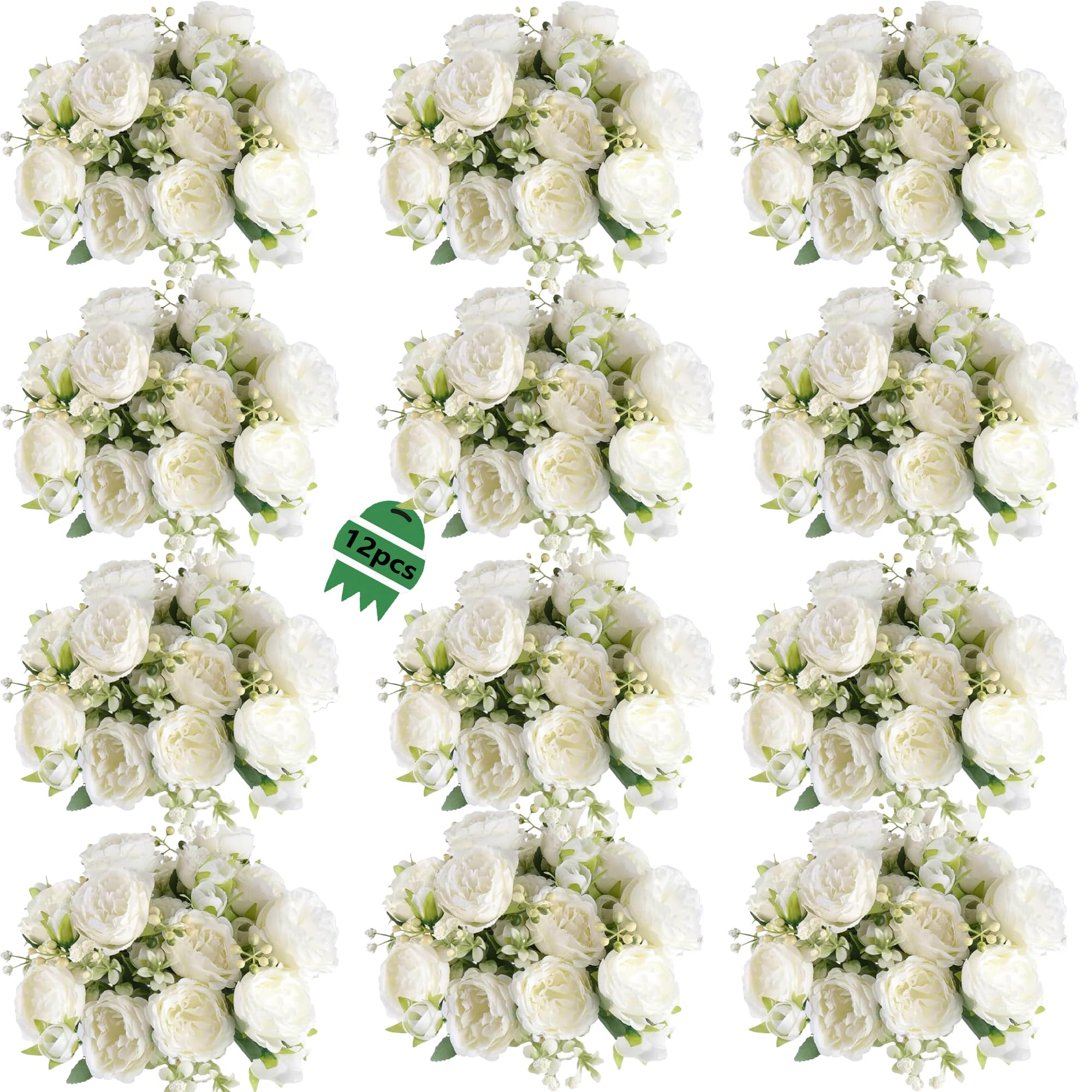 Photo 1 of 12 Bundles Peonies Artificial White Flowers Bouquet, Lifelike Silk Fake Peonies with Stems for Home Table Centerpieces, Wedding, Party & DIY Bridal Floral Arrangements (White)