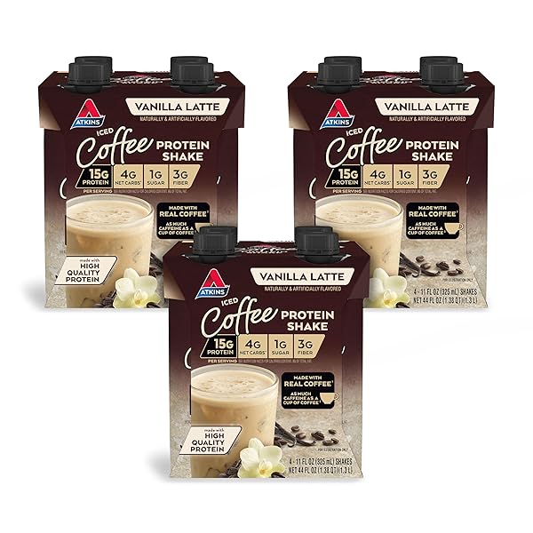 ATKINS ICED COFFEE VANILLA LATTE PROTEIN SHAKE, 15G PROTEIN, LOW GLYCEMIC, 4G NET CARB, 1G SUGAR, KETO FRIENDLY, 12 PACKS OF 11 FL OZ