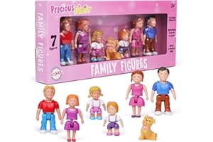 Playkidz Family Figures - Set of 7 Small Toy People for Dollhouse Play, Includes Parents, Sibling, and Pet - Doll House Accessories for Children