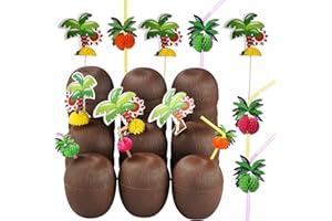 ALINK 18 Coconut Cups with 18 Straws and 18 Cocktail Drink Picks, Hawaiian Luau Tiki and Beach Party Decorations for Kids and Adults