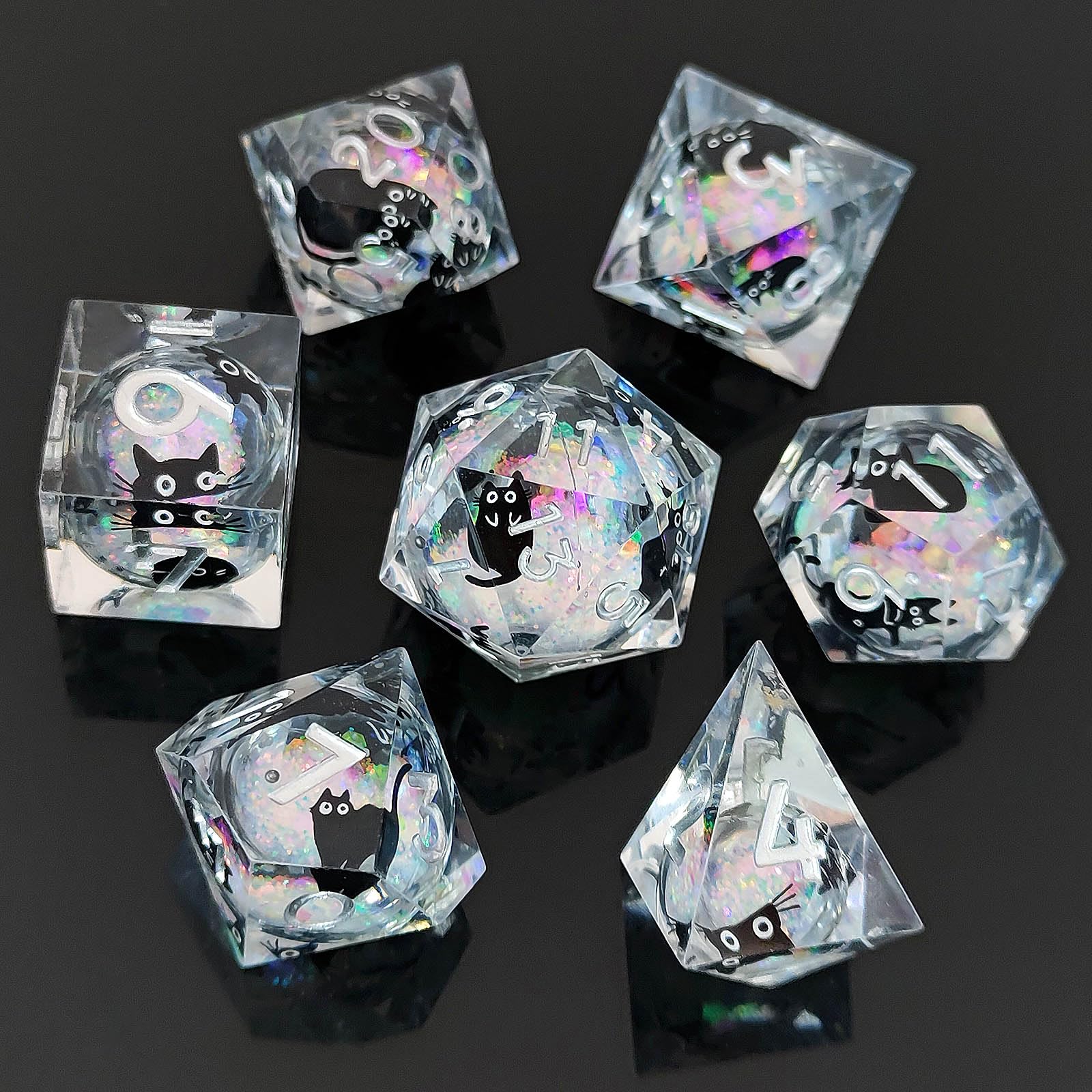 ORUZA 7 PCS Liquid Core Polyhedral DND Dice, Resin Sharp Edge Cat Dice Set for D&D Dungeons and Dragons RPG MTG Table Games D20 D12 D10 D8 D6 D4 D%