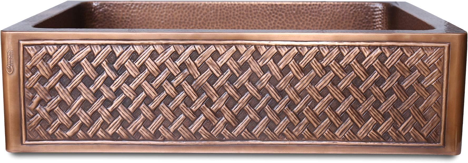 Coppersmith Creations 33 x 22 x 9 inch Copper Kitchen Sink Single Bowl Vine Design Front Apron (Woven Front Apron Design)