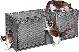 HONIAKAKA Cat Litter Box Enclosure with Ramp & Litter Mat; Handwoven Rattan Hidden Cat Washroom for 2 Cats; Large Cat House with Double Room; Pet Crate for Living Room,Bedroom,Balcony (Grey)