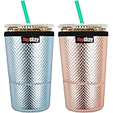 HEYSKAY Insulated Coffee Cup Sleeves Reusable Neoprene Iced Coffee Sleeve Hot Cold Drinks Beverages Cooler sleeve for Coffee Cups and More (Light Gold/Light Blue, Large(for 30-32oz))