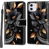 Haninsuze Case Wallet for iPhone 11, [Kickstand] 3 Card Holder Stand [Shockproof TPU Interior Shell], PU Leather Magnetic Protective Flip Cover 6.1", Black Flower
