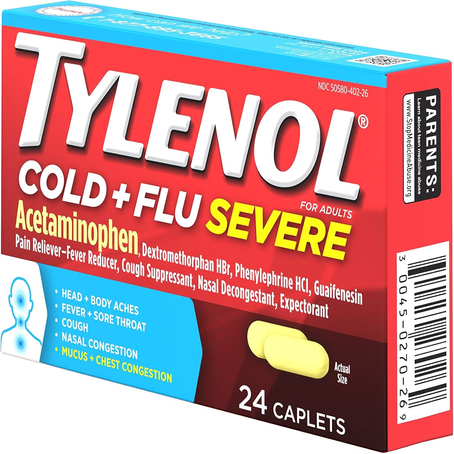 Tylenol Cold + Flu Severe Medicine Caplets for Fever, Pain, Cough & Congestion, 24 ct.: Health & Personal Care