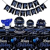 Vesici 171 Pcs Happy Birthday Party Supplies 24 Set Disposable Party Tableware include Plates Cups Napkins Cutlery and Banner Tablecloth Birthday Dinner Decorations for Men Woman(Black, Blue)