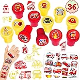 36PCS Fire Truck Party Favors - 24PCS Temporary Tattoos & 12PCS Stamps - Ideal Firefighter Themed Birthday Card Decorations Supplies Goodie Bag Cute Rewards for Boys Girls Classroom Gifts Baby Shower