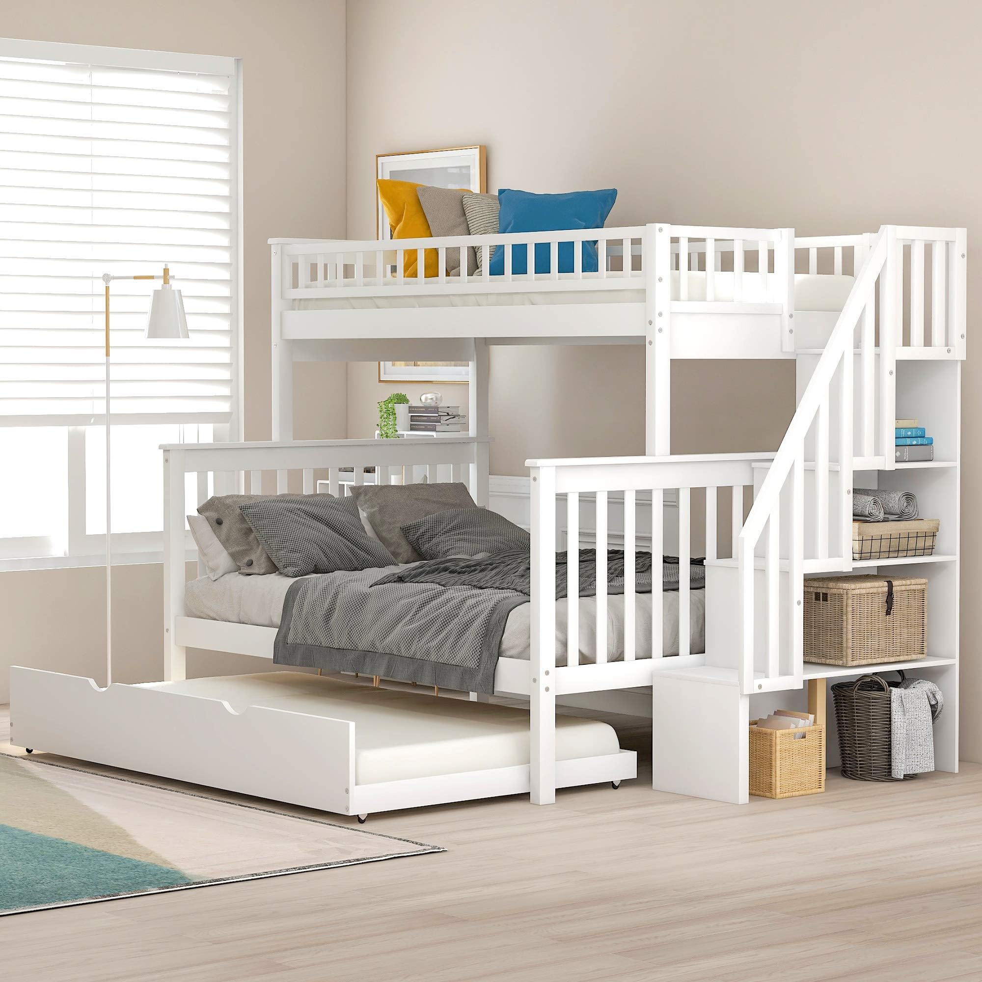 Twin Over Full Bunk Bed with Trundle and Staircase, Baysitone Wood Bunk Bed Frame with 4 Storages and Guardrails, Can Be Separated Into 3 Beds, No Box Spring Needed (White)