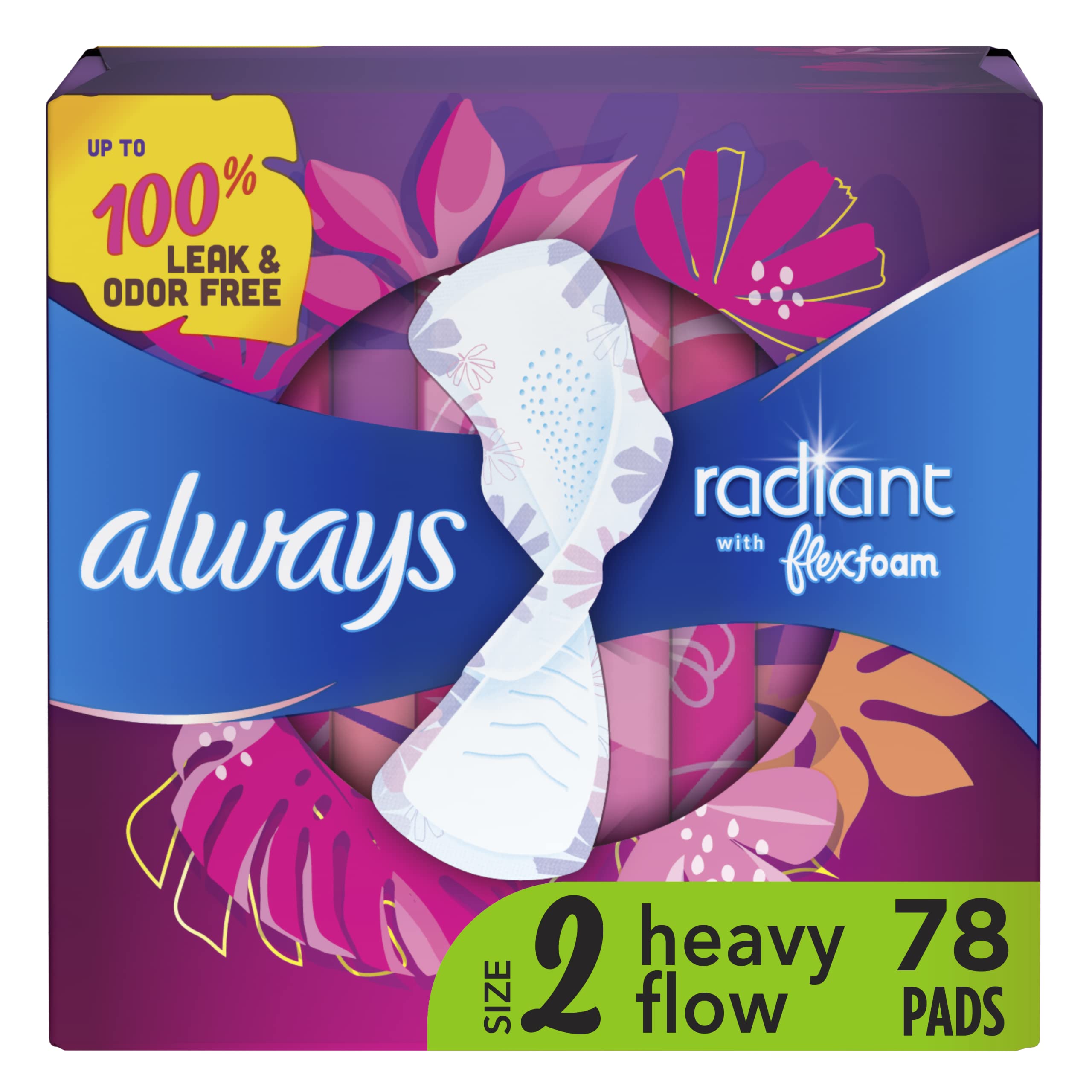 Always Radiant Feminine Pads For Women, Size 2 Heavy Flow Absorbency, Multipack, With Flexfoam, With Wings, Light Clean Scent, 26 Count x 3 Packs (78 Count total)