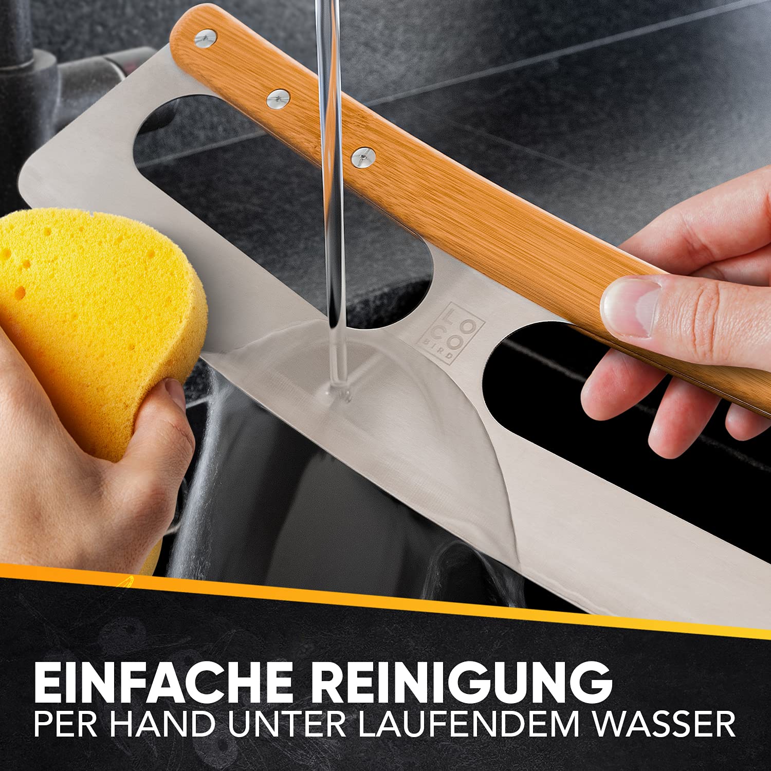 Loco Bird Pizzaschneider 34,5cm - Pizzamesser aus Edelstahl mit Bambusgriff - Pizza schneider mit Klingenschutz - Vielseitig einsetzbares Pizza Wiegemesser lustig - cutter scharfe Edelstahl Klinge 6