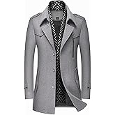 INVACHI Men's Wool Blend Coat Warm Winter Trench Coat with Detachable Soft Scarf Single Breasted Pea Coat