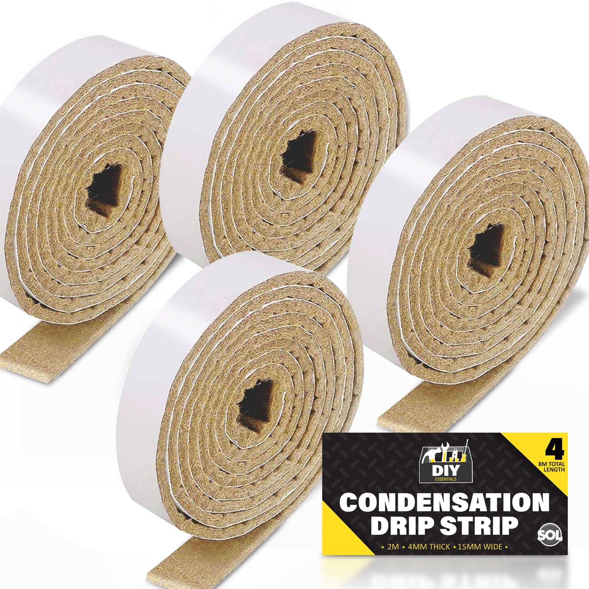 SOL 4pk Condensation Drip Strip 2m x 15mm Absorbent Tape for Window Moisture Control and Indoor Damp Prevention Ideal for Frames Sills Glass Panels and Everyday Home Protection