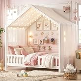Twin Montessori House Bed with High Rails &amp; Canopy for Kids, White | Wood Low Floor Beds for Girls Boys, 6-in Low Clearance, 4 Side Rails, Kids Twin Bed for Small Room, No Box Spring Needed