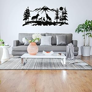 Metal Wall Art, Metal Wolf Decor, Tree Mountain Wolf Family Art, Home Office Decoration, Wildlife Lover Metal Decal, Wall Hangings, Metal Art Work