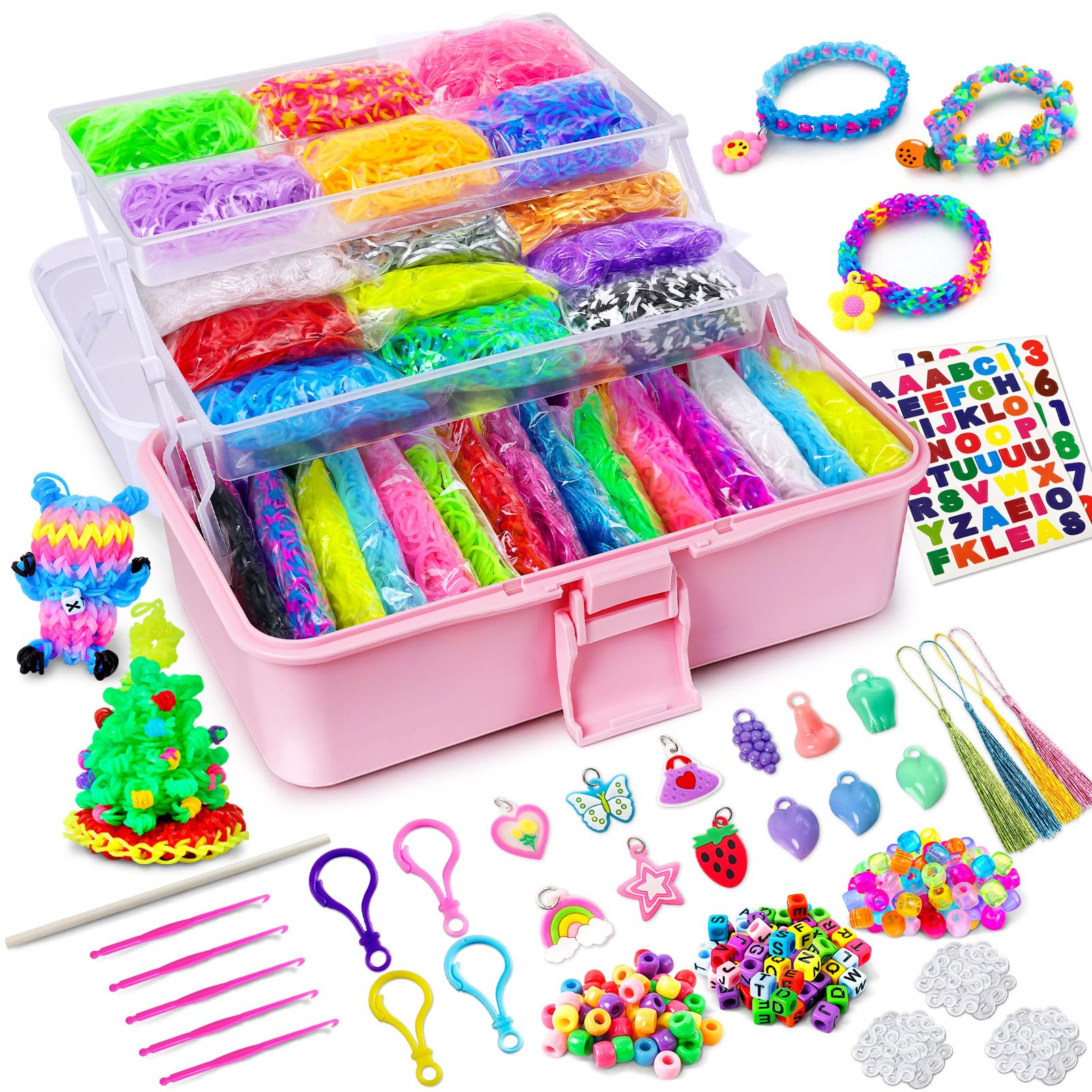 ROSHUKG 45 Colours Loom Bands Kit with 3 Layer Container, Rubber Bands Bracelet Making Kit for Boys Girls Weaving Gift(Pink)