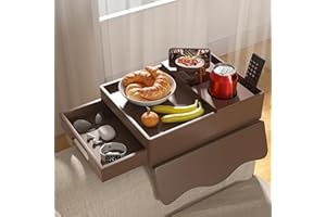 SOUSTOCOL Couch Cup Holder Tray, 7-in-1 Couch Arm Tray, Sofa Clip-On Side Table with Push-Pull Drawer to Organize and Store Small Objects, 360°Swivel Phone Holder, for Drinks, Cups, Snacks, Remote（Chestnut）