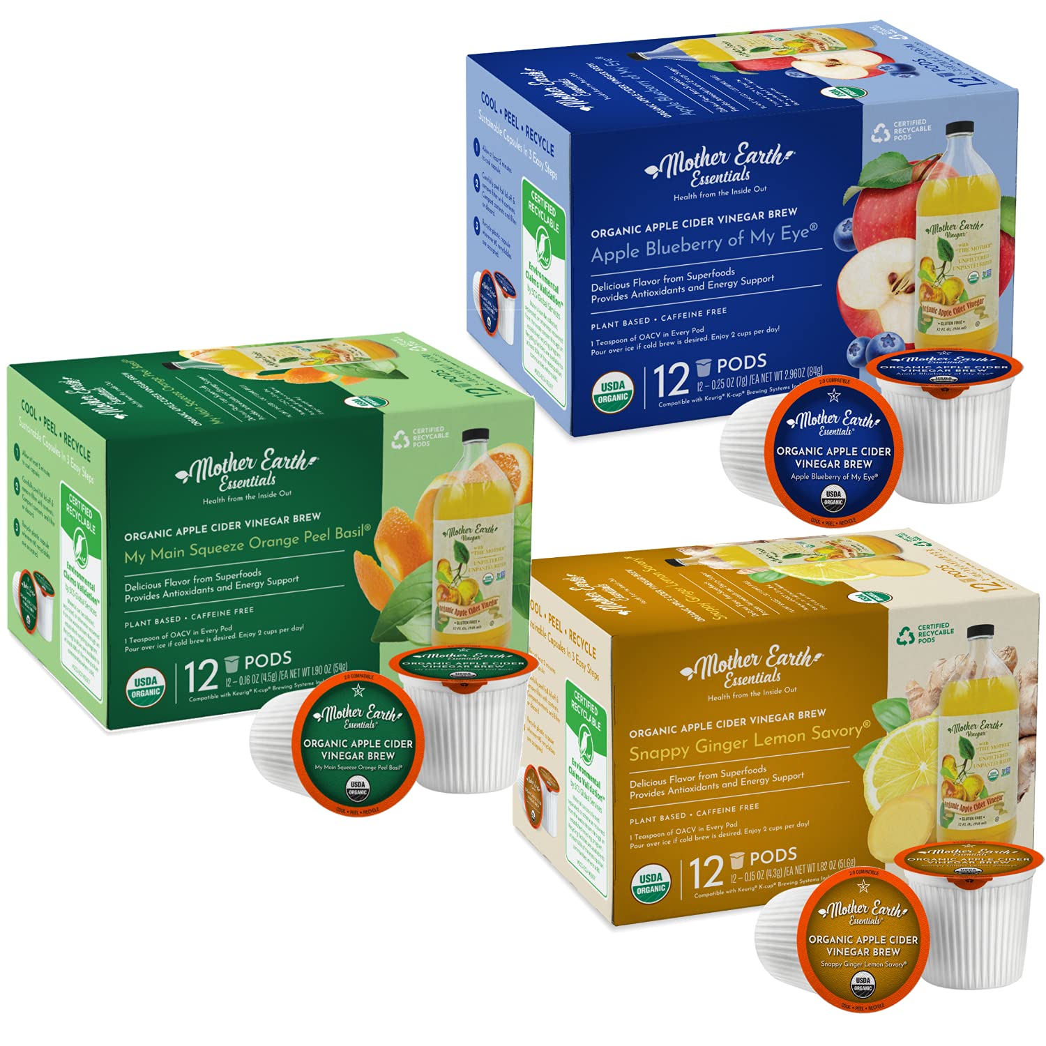 Mother Earth Essentials Superfood Tea GINGER LEMON, ORANGE PEEL BASIL & BLUEBERRY infused with Organic Apple Cider Vinegar with The Mother. (12 Tea Pods of each flavor)