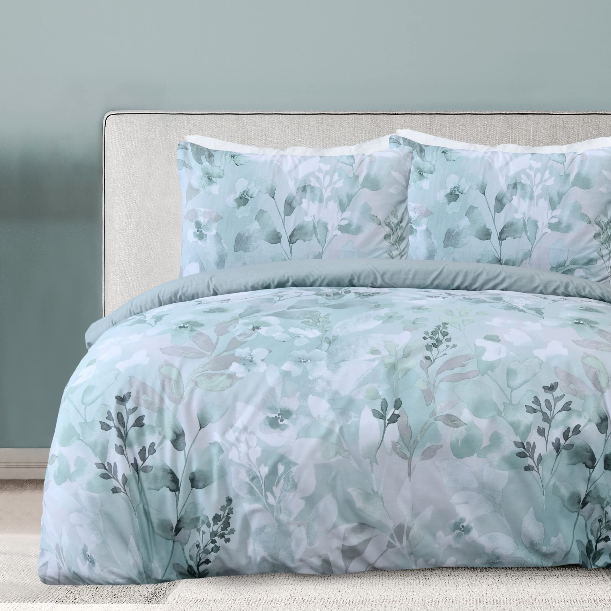 Sleepdown Botanical Leaves Floral Green Reversible Duvet Cover Quilt Pillow Cases Bedding Set Soft Easy Care - King (230cm x 220cm)