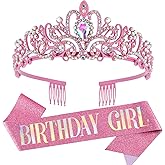 COCIDE Birthday Girl Sash & Rhinestone Tiara Set - Birthday Sash and Tiara for Women - Glitter Crystal Hair Accessories for Birth Party