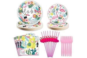 OUMUAMUA Hawaiian Luau Party Decorations Plates and Napkins Set - Flamingo Party Plates Napkins with Straws Forks Disposable Dinnerware Set for Hawaiian Luau Aloha Tropical Birthday Party Supplies, Serve 25