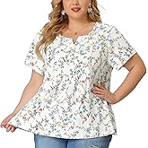 Agnes Orinda Plus Size Women's Summer Tops Floral Half Placket Short Sleeve Casual Blouses