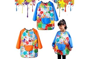 Nivofu 2PCS Kids Art Aprons for Age 7-12 Years Girls Boys, Waterproof Graffiti Painting Aprons Long Sleeves with Pockets, Kid