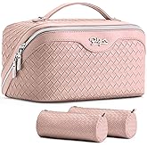 BOYATU Travel Makeup Bag Cosmetic Bags for Women: Large Capacity 3 Pcs Set Make up Bag with Compartments - Waterproof Vegan Leather Toiletry Organizer Bags with Handle (L04 Light Pink)