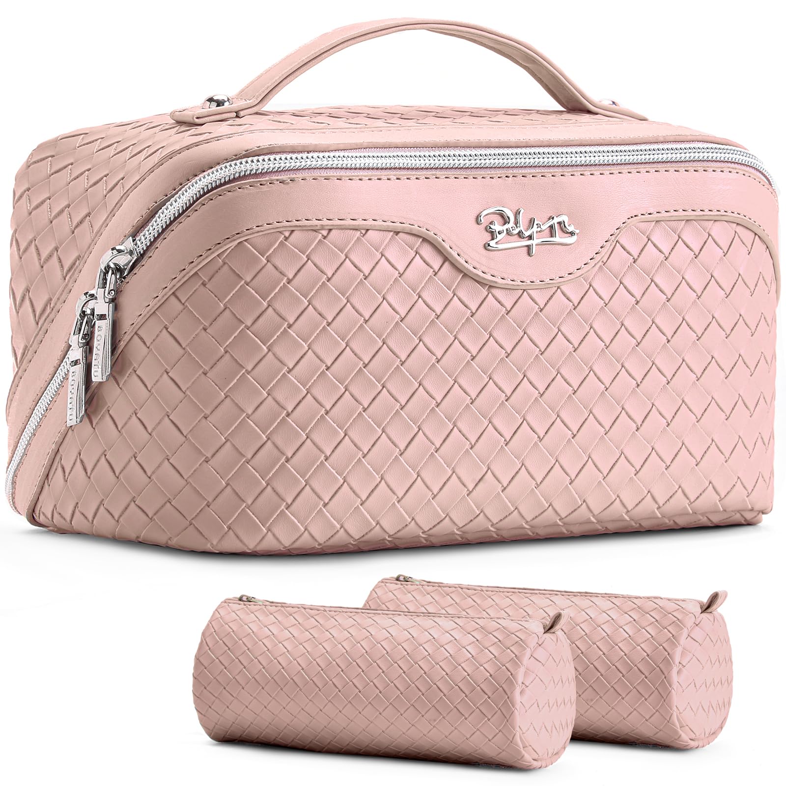 BOYATU Travel Makeup Bag Cosmetic Bags for Women: Large Capacity 3 Pcs Set Make up Bag with Compartments - Waterproof Vegan Leather Toiletry Organizer Bags with Handle (L04 Light Pink) Image
