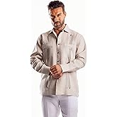 Mojito Collection Men's 100% Linen Guayabera Shirt Long Sleeve with Embroidered Trim