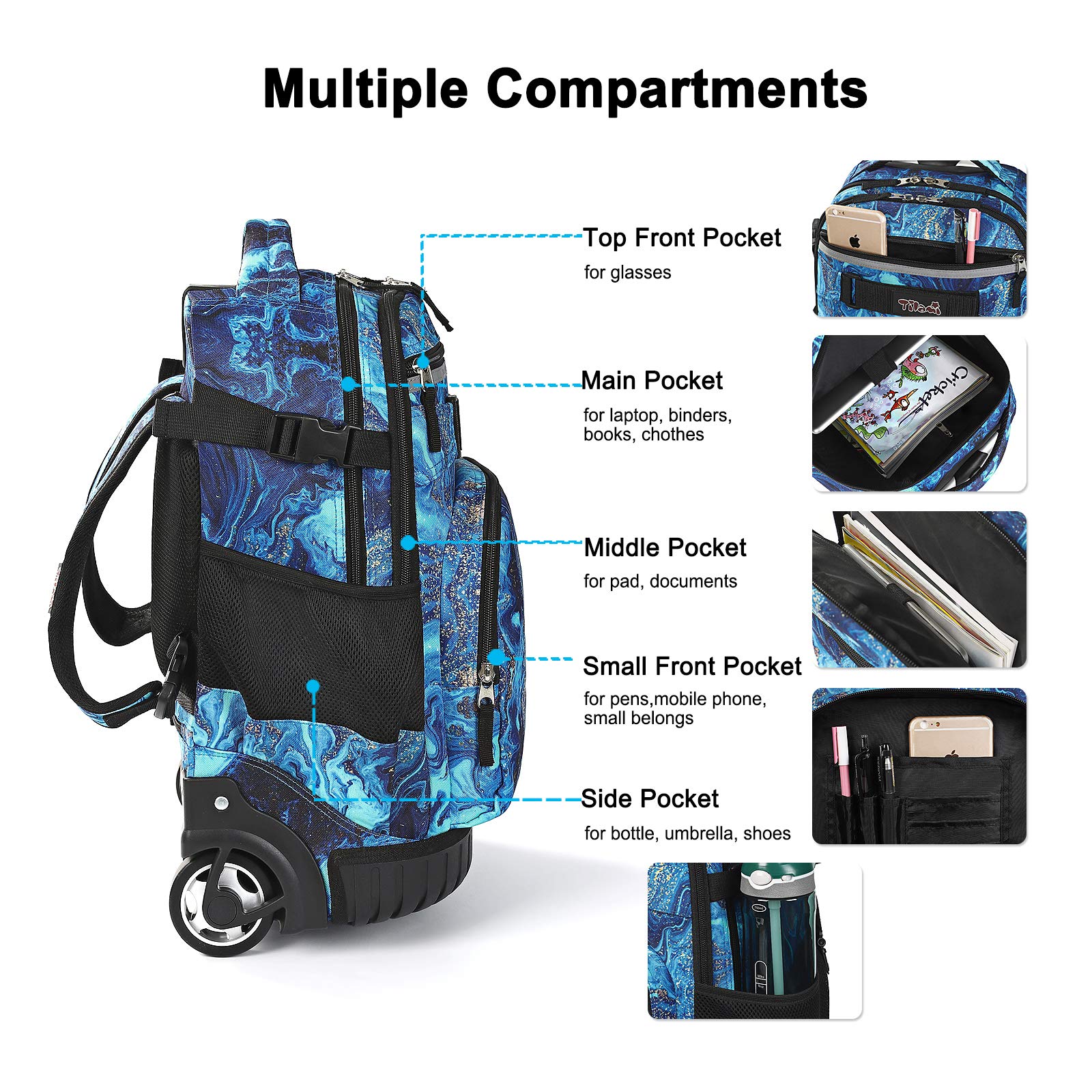 Tilami Rolling Backpack 18 inch Wheeled Laptop Backpack School College Student Travel Trip Boys and Girls (Blue Wave)