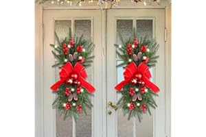 Light-up Christmas Swag, 2pcs 18x8inch Artificial Pine Needles Teardrop Swag with Bowknot, Red Berries, Pine Cones & Balls, D