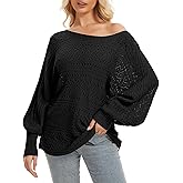 Simlakey Womens Off Shoulder Sweater Top Long Sleeve Crochet Hollow Out Knit Pullover Sweaters Fall Winter Oversized