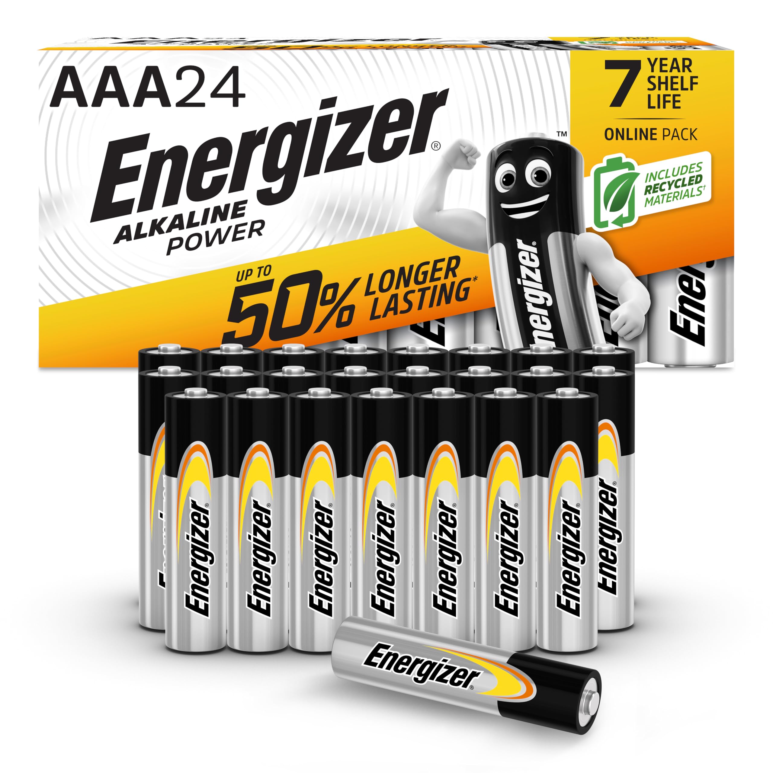 Energizer Alkaline Power - AAA Batteries (24 Pack) - Triple A Battery 1.5V - Up To 50% Longer Lasting - For Everyday Devices - 100% Recyclable Packaging - 7 Year Shelf-Life [Amazon Exclusive]