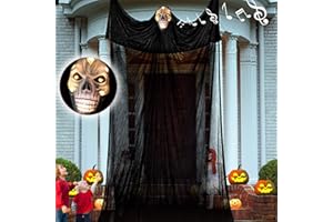 Lamgoa 12.3ft Halloween Ghost Hanging Decorations, Scary Hanging Reaper Motion Voice Activated with Creepy Sound & Glowing Mask Flying Ghost for Haunted House, Yard Home Party Indoor Outdoor Decor