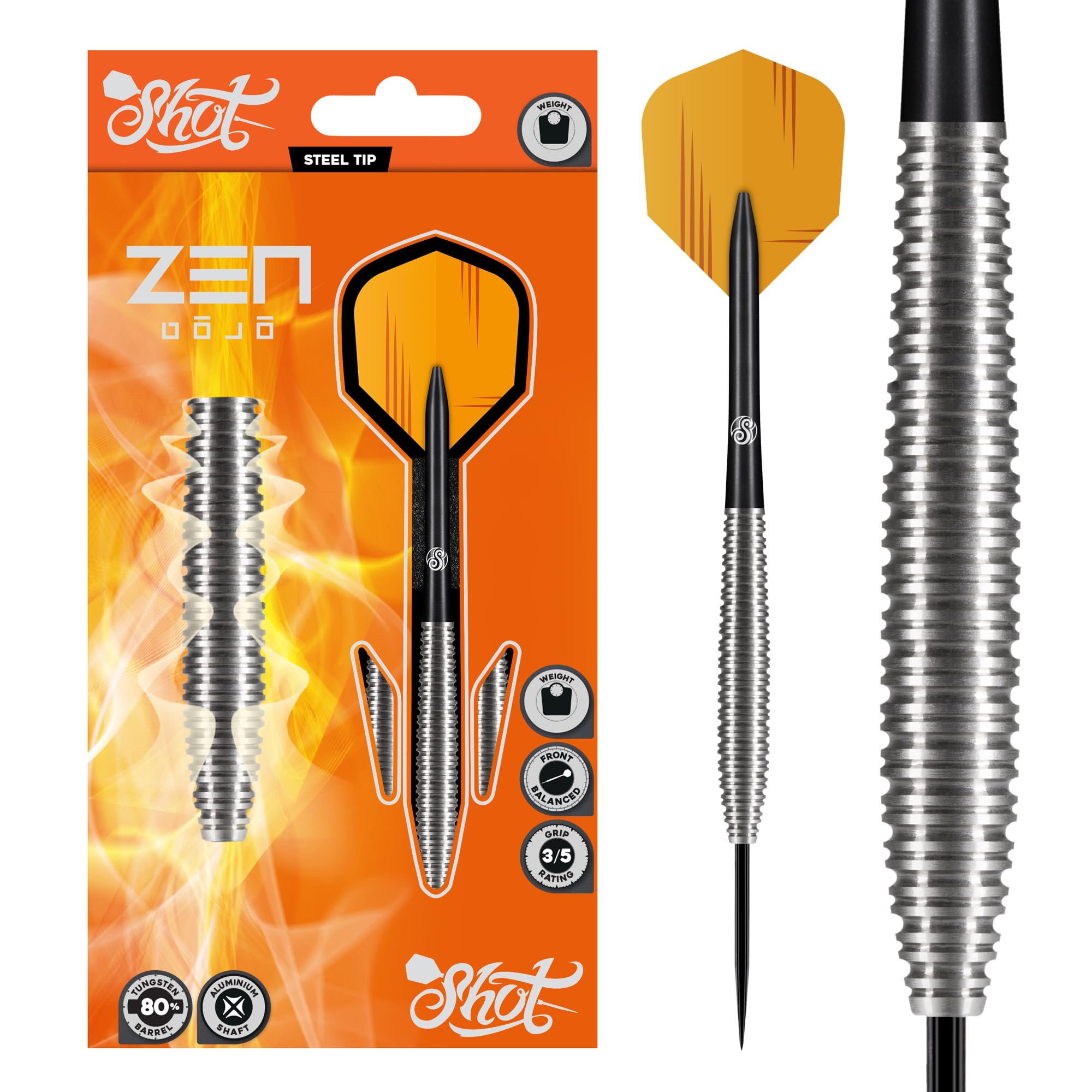 Shot! - Zen Dojo Steel Tip Dart Set | Front Weighted 80% Tungsten Barrels | Precision Machined for All Skill Levels | Made in New Zealand | Silver, Tungsten