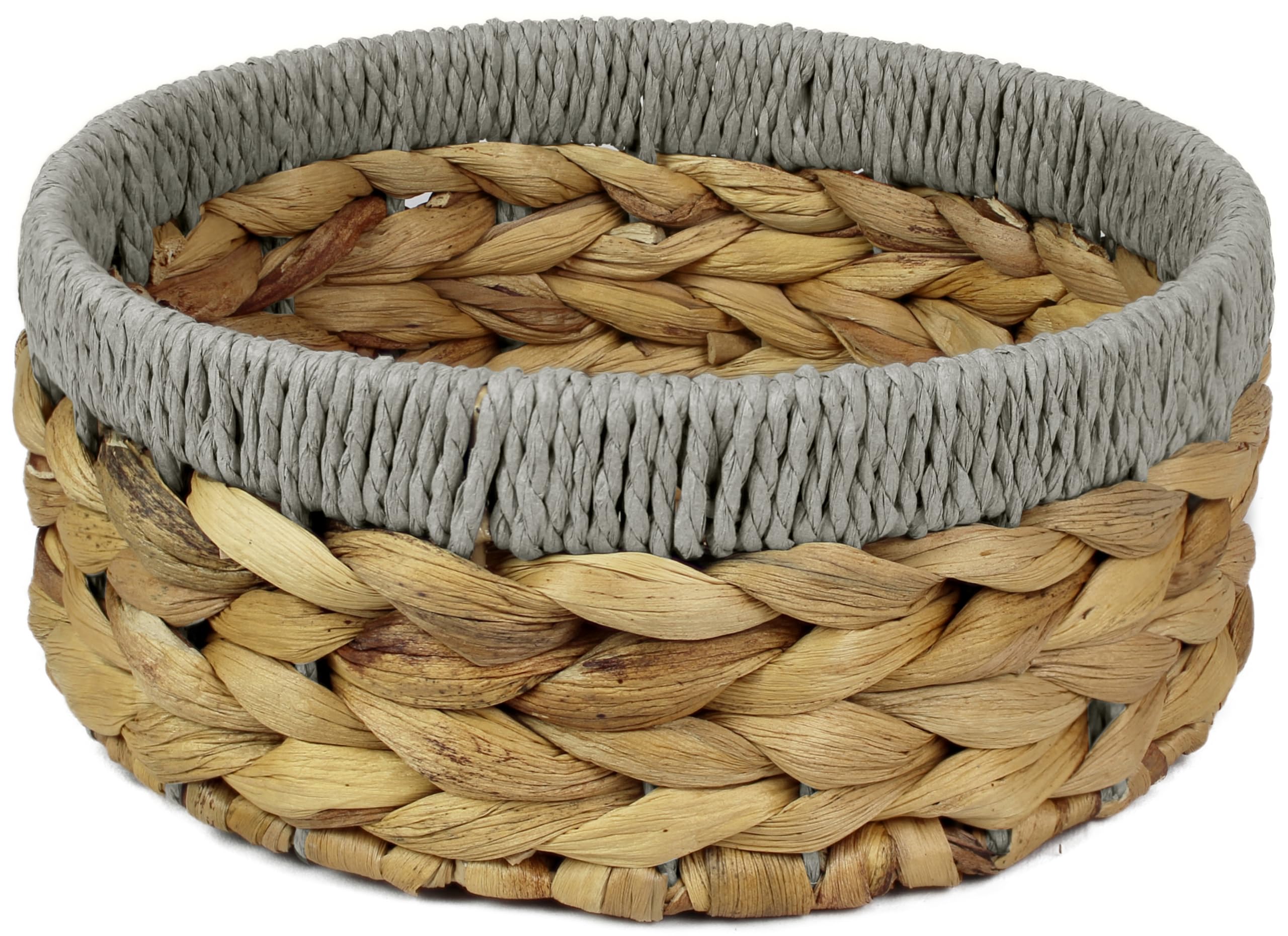 Small Water Hyacinth round baskets for storage Natural Light Grey edges for shelves open hamper. Decorative gift mini tray make up Kitchen organiser (1 x Pack, Large 22cm)